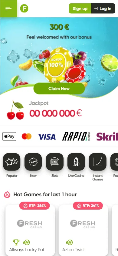 Fresh Casino mobile home screen for playing casino games on a phone