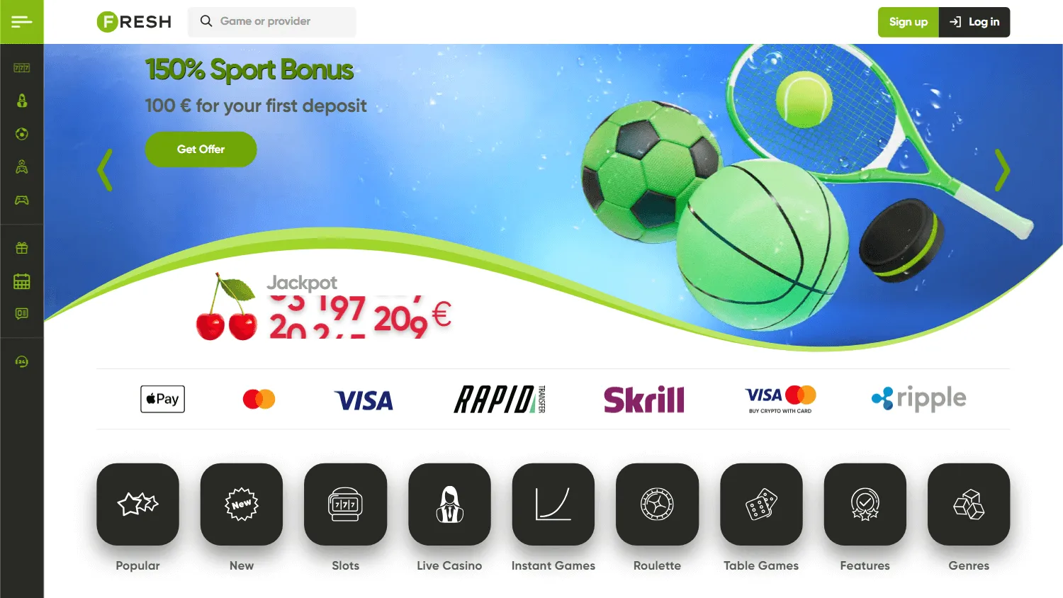 Fresh Casino desktop home screen with casino games and promotional content